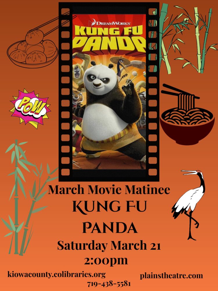 Movie poster for "Kung Fu Panda" with added decorative images including bamboo plants, a crane (bird), and Asian food images. 